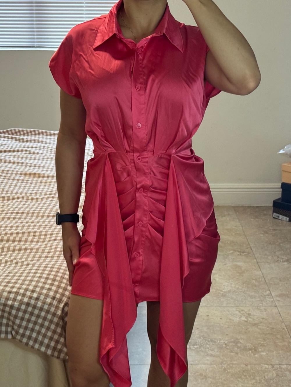 Etiquette Hot Pink Satin Ruched Draped Mini Shirt Dress S